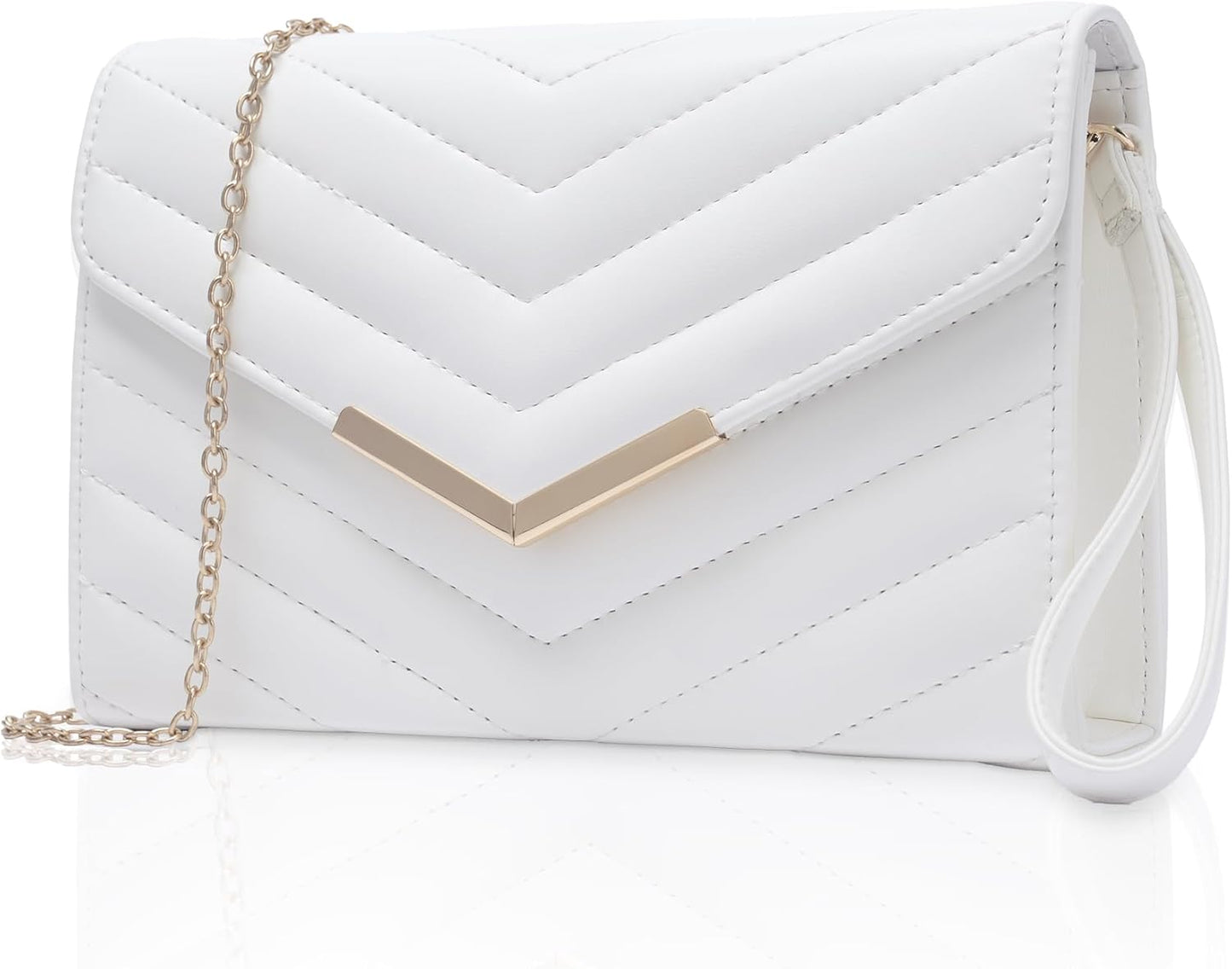 Larcenciel White Quilted Evening Clutch Bag, Elegant Envelope Vegan Leather Crossbody Purse for Women, Detachable Chain & Wristlet Strap, Formal Wedding Guest Bridal Prom Cocktail Party Handbag Wallet - PuriLite