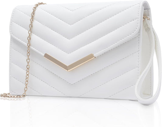 Larcenciel White Quilted Evening Clutch Bag, Elegant Envelope Vegan Leather Crossbody Purse for Women, Detachable Chain & Wristlet Strap, Formal Wedding Guest Bridal Prom Cocktail Party Handbag Wallet - PuriLite