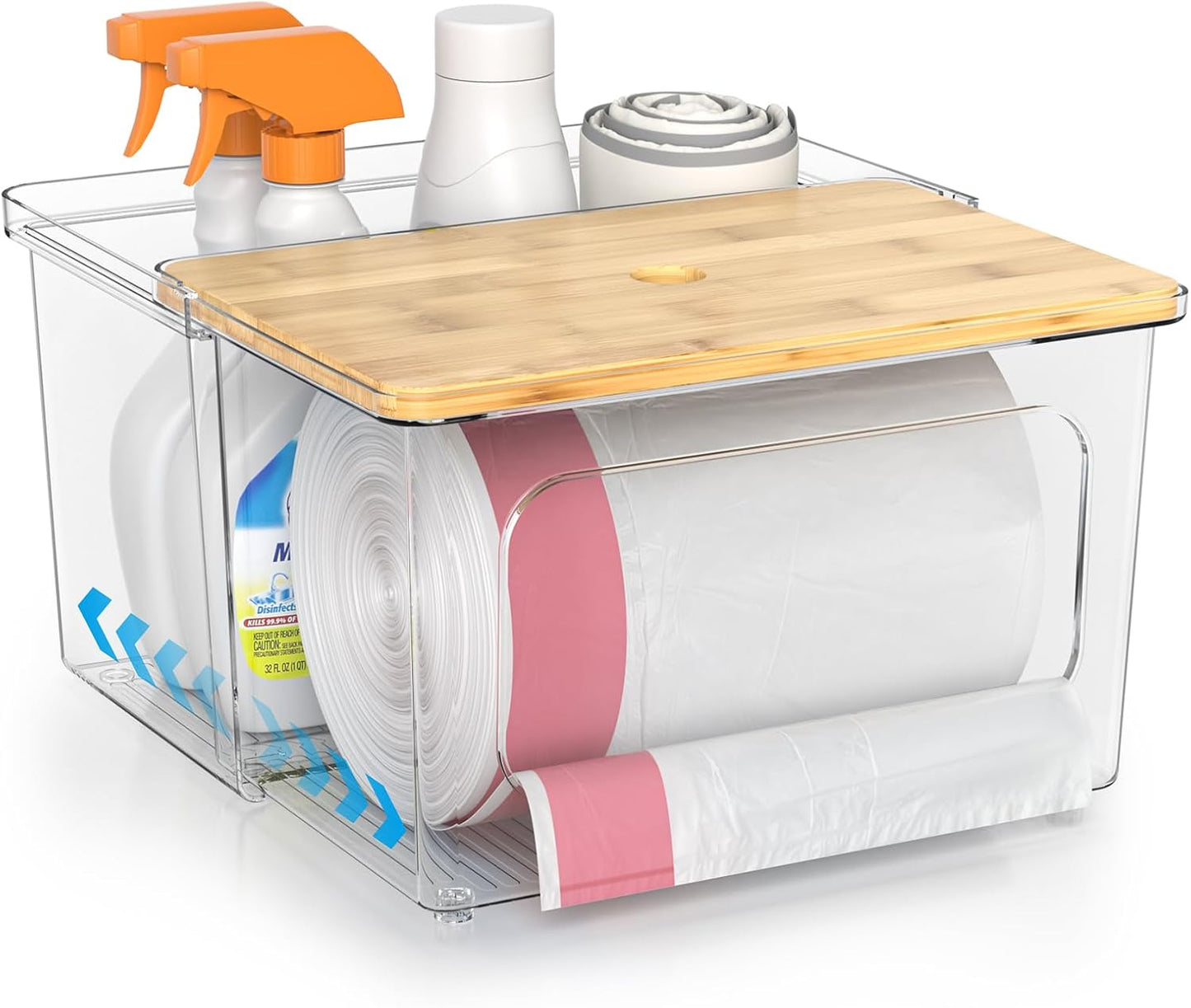 Clear Trash Bag Dispenser with Bamboo Lid and Sliding Drawer – Large Capacity Garbage Bag Holder for Kitchen, Under Sink, Laundry Room Organization - PuriLite