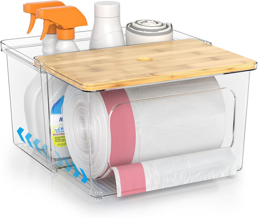 Clear Trash Bag Dispenser with Bamboo Lid and Sliding Drawer – Large Capacity Garbage Bag Holder for Kitchen, Under Sink, Laundry Room Organization - PuriLite