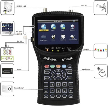 ST5260 Satellite Finder DVB-S2/ISDB-T/Cable Combo Signal Meter H.265 1080p 4.3inch St-5260