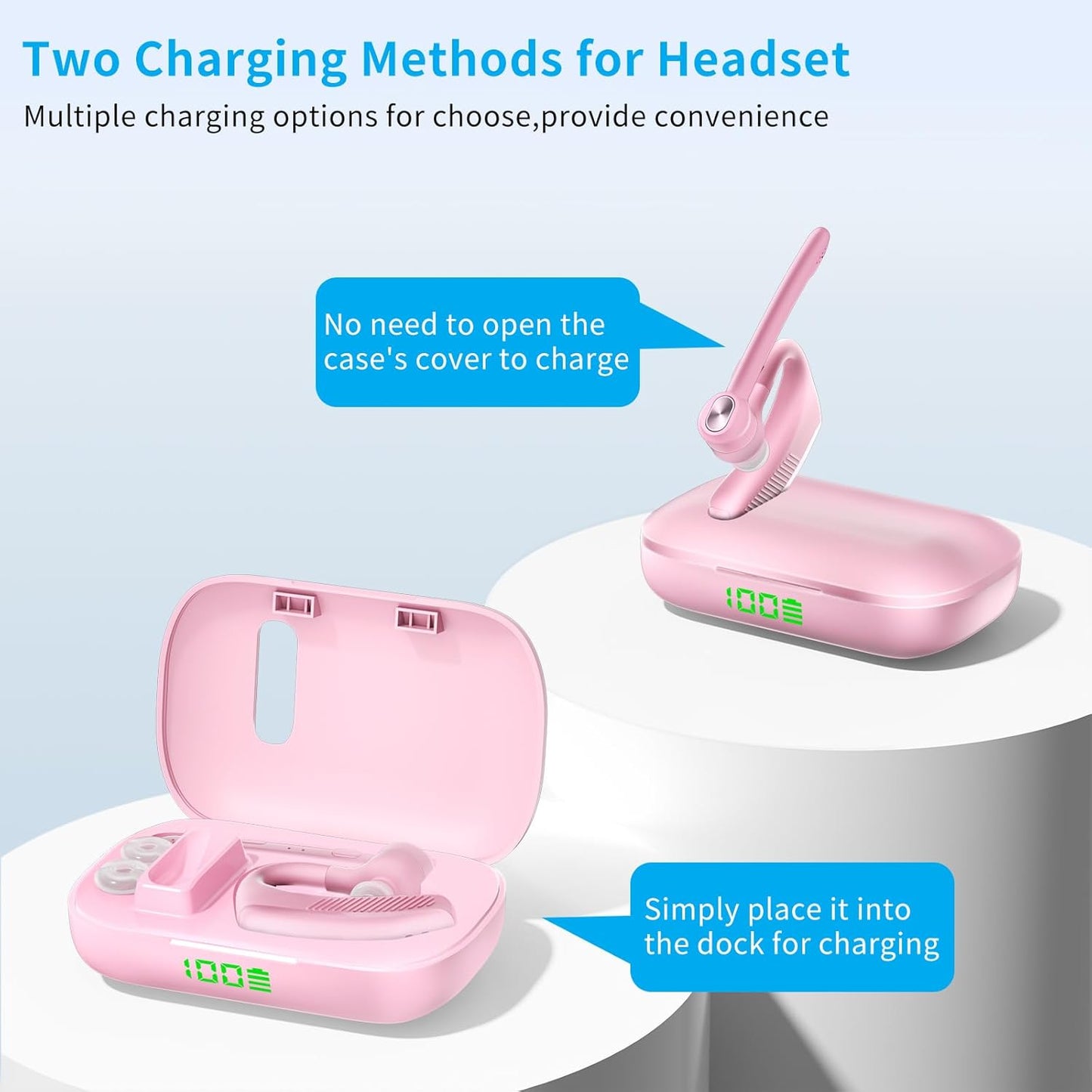 Wireless Headset Bluetooth Earpiece with Dual Noise Canceling Microphone Hands Free Headphones Single Ear Earphone Over Ear Earbud for iPhone Samsung Android Cellphones TV PC Trucker Game Work