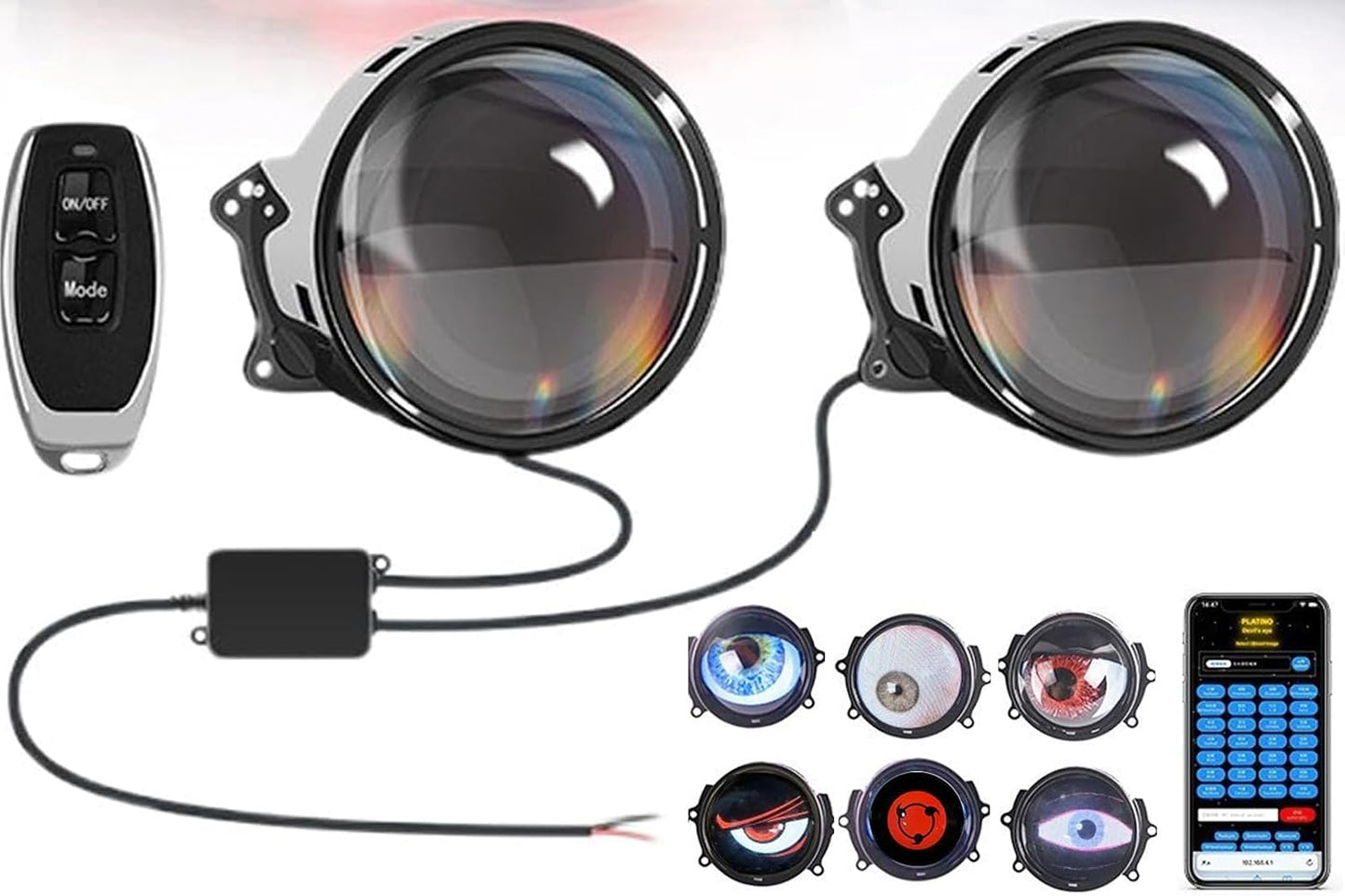 2PCS Dynamic Devil Eyes LED Car Headlight, Blinking Halloween Headlights Demon Eyes with Color Lenses for Eyes & Adjustable Eye Pattern, Cool Car Accessories Upgraded Lens Model
