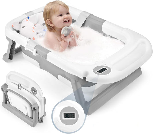 Baby Bathtub, Newborns Bath Essentials, Portable Bath tub For Infant 0-24 Months，Baby Shower Gifts With Soft Cushion,Temperature Sensor and Tray