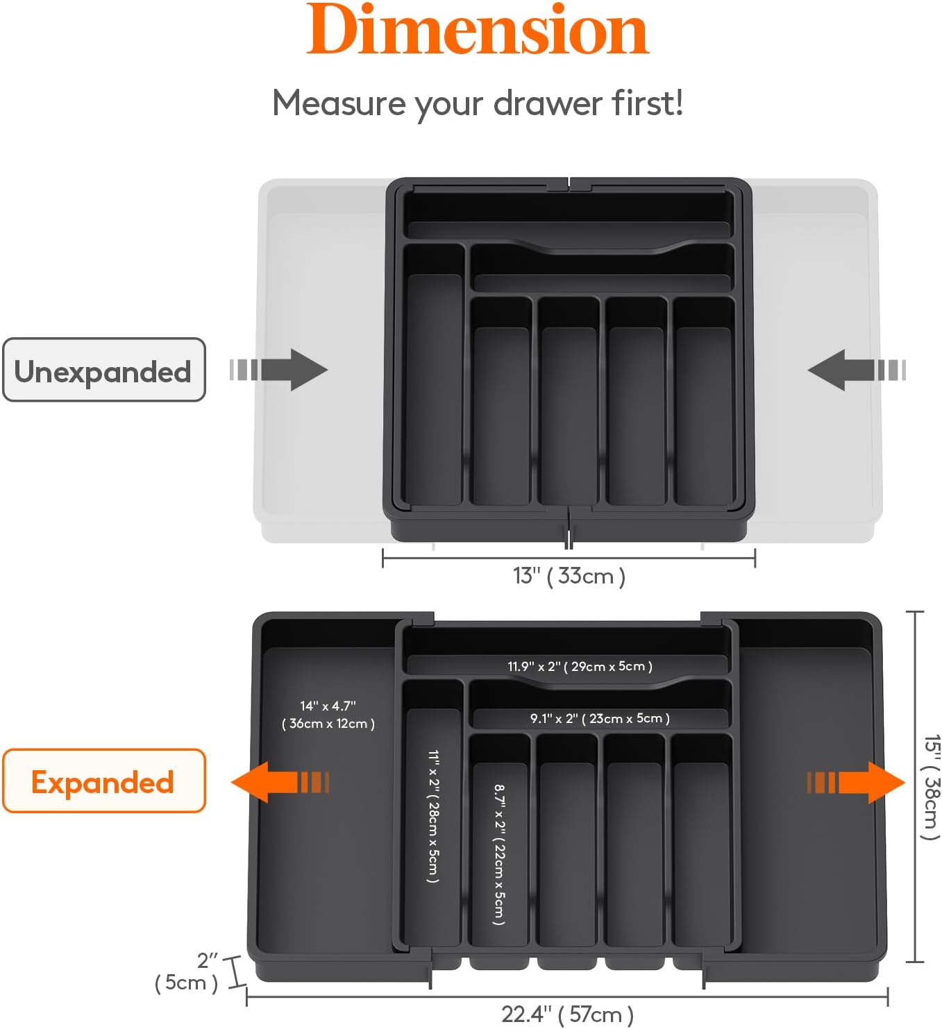 Lifewit Cutlery Organizer, Expandable Utensil Organizer for Kitchen, Utensil Holder, Adjustable Cutlery Rack Organizer for Spoons, Knives, Kitchen Organizers and Storage, Black
