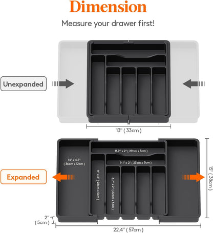 Lifewit Cutlery Organizer, Expandable Utensil Organizer for Kitchen, Utensil Holder, Adjustable Cutlery Rack Organizer for Spoons, Knives, Kitchen Organizers and Storage, Black