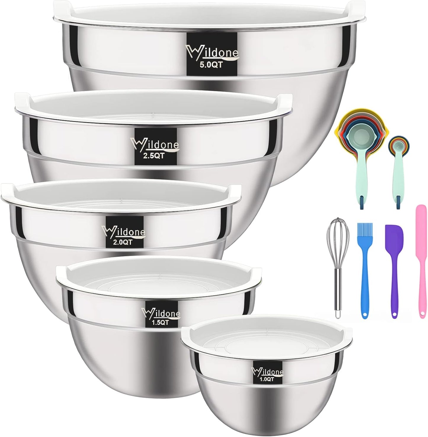 Mixing Bowls with Airtight Lids - Wildone 19 Piece Stainless Steel Nesting Bowls Set, BPA Free & Extra Deep, Size 5, 2.5, 2, 1.5, 1 QT, Great for Mixing & Serving