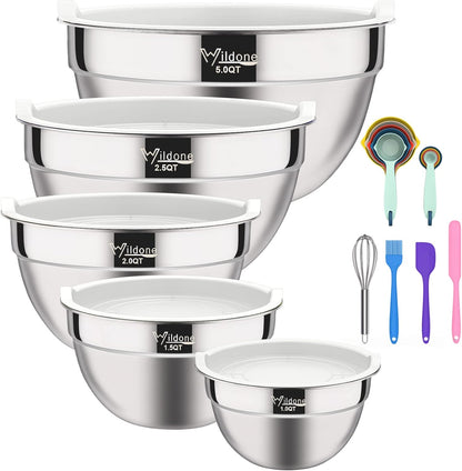 Mixing Bowls with Airtight Lids - Wildone 19 Piece Stainless Steel Nesting Bowls Set, BPA Free & Extra Deep, Size 5, 2.5, 2, 1.5, 1 QT, Great for Mixing & Serving