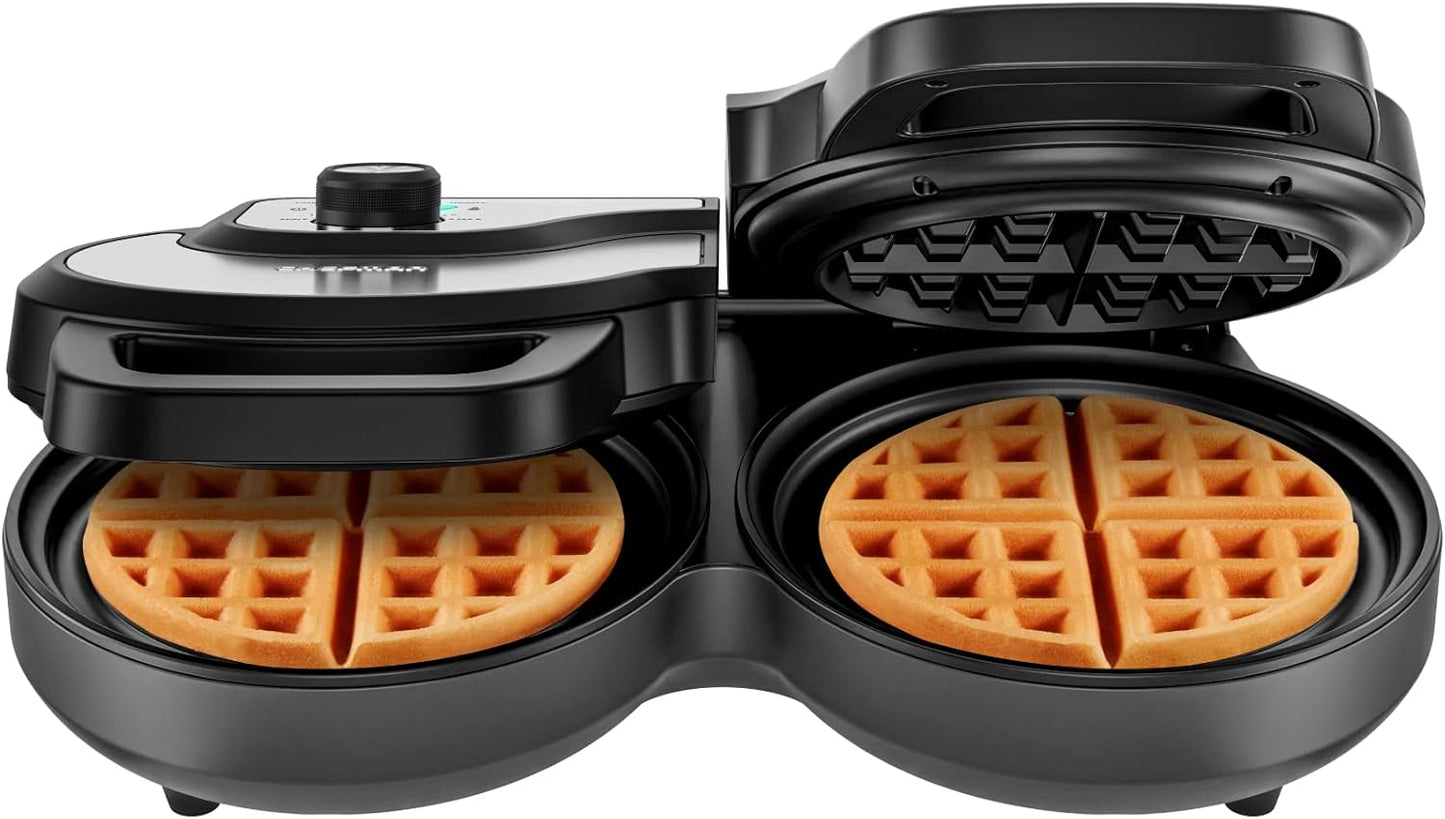 Chefman Anti-Overflow Belgian Waffle Maker w/ Shade Selector, Temperature Control, Mess Free Moat, Round Iron w/ Nonstick Plates & Cool Touch Handle, Measuring Cup Included, Red