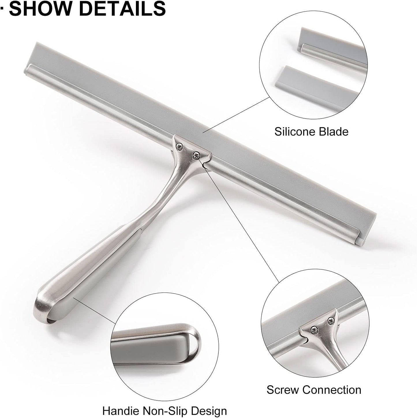 Ettori Shower Squeegee for Glass Doors, Squeegee for Shower Glass Door, Window and Car Glass, Mirrors - All-Purpose Stainless Steel Squeegee, 10 Inches and Black