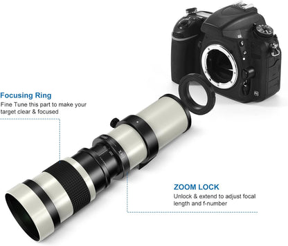 EF/EF-S 420-800mm F8.3 Telephoto Zoom Lens(MF) + T-Mount Adapter for Canon EOS Rebel T8i/T7i/T7/T6i/T5/T3i/T2i/XSi/SL3/SL2/T100/90D/80D/70D/50D/5D Mark IV/6D II/7D II/1D X III II-DSLR Cameras Lenses