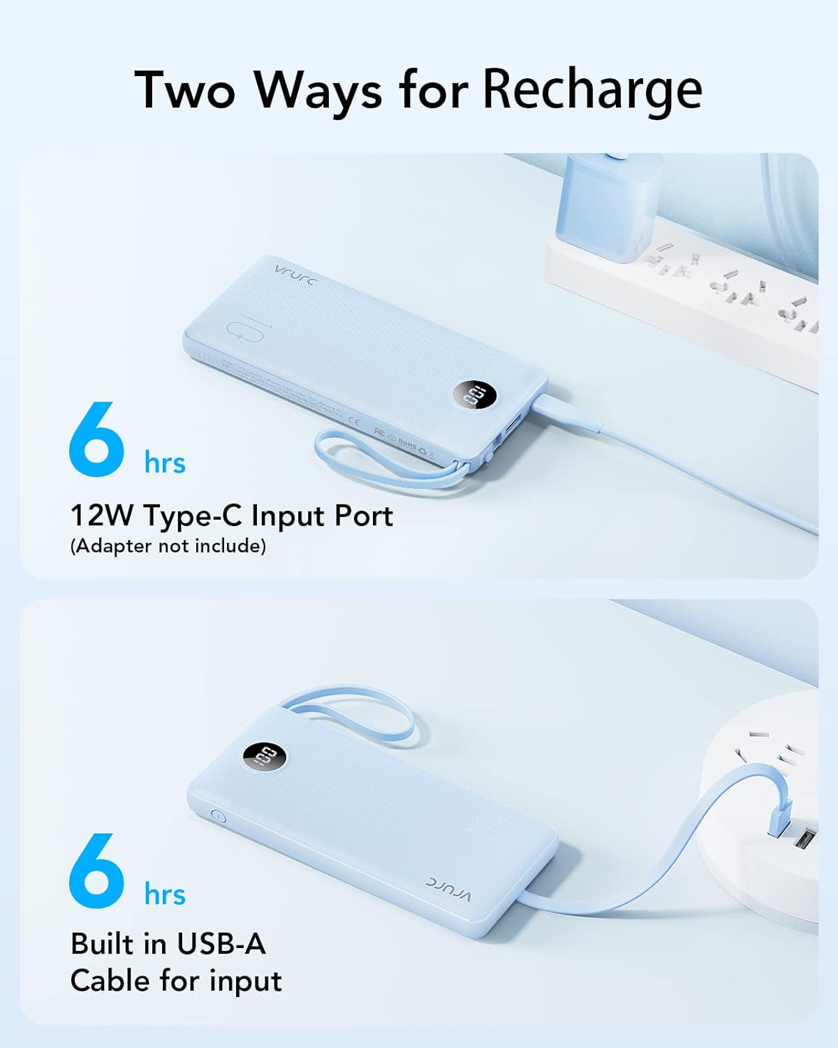 VRURC 10000mAh Power Bank Built-in Cables, Portable Charger with LED Display, Slim Intelligent Travel Battery Pack with Cords, 5 Output Dual Input Phone Charger for Cell Phone Smart Devcies-Blue