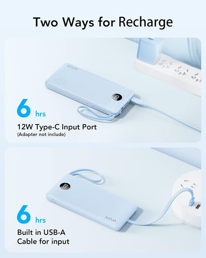VRURC 10000mAh Power Bank Built-in Cables, Portable Charger with LED Display, Slim Intelligent Travel Battery Pack with Cords, 5 Output Dual Input Phone Charger for Cell Phone Smart Devcies-Blue