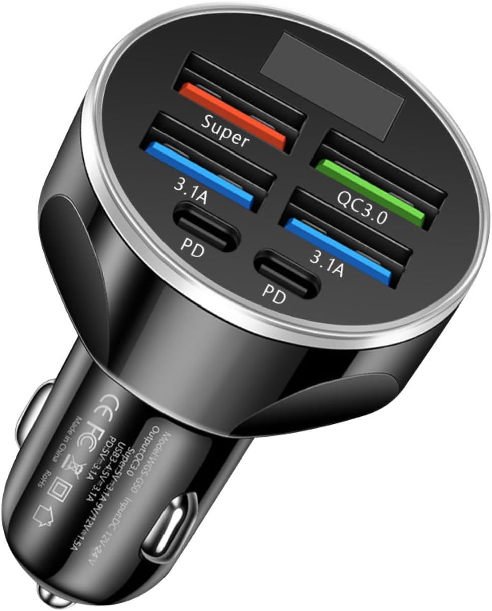MESA'S Live 6 - Port Car Charger with PD, QC 3.0 - Fast Charge for All Devices, Universal for 12-24V Vehicles