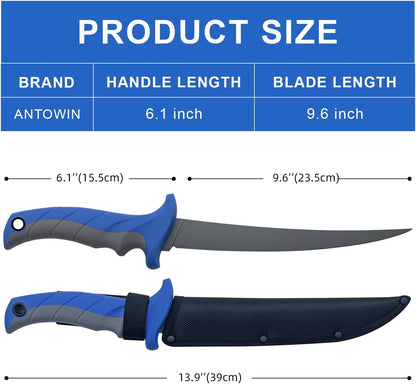 8 Inch Fishing Fillet Knife, Professional Level Knives for Filleting Fish and Boning Meat, Sharp Stainless-Steel Non-Stick Coating Blade, Non-Slip Handles, with 1 Two Stage Knife Sharpener