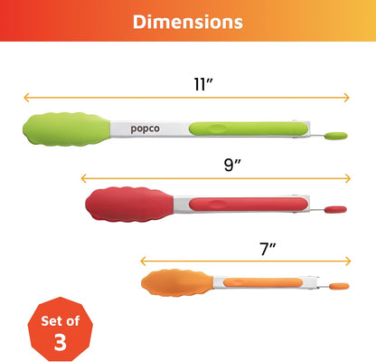 The Original Popco Tongs for Cooking - Set of 3 (7, 9, 12 inches) - Heavy Duty, 304 Stainless Steel BBQ and Kitchen Tongs with Silicone Tips (3 Colors Available)