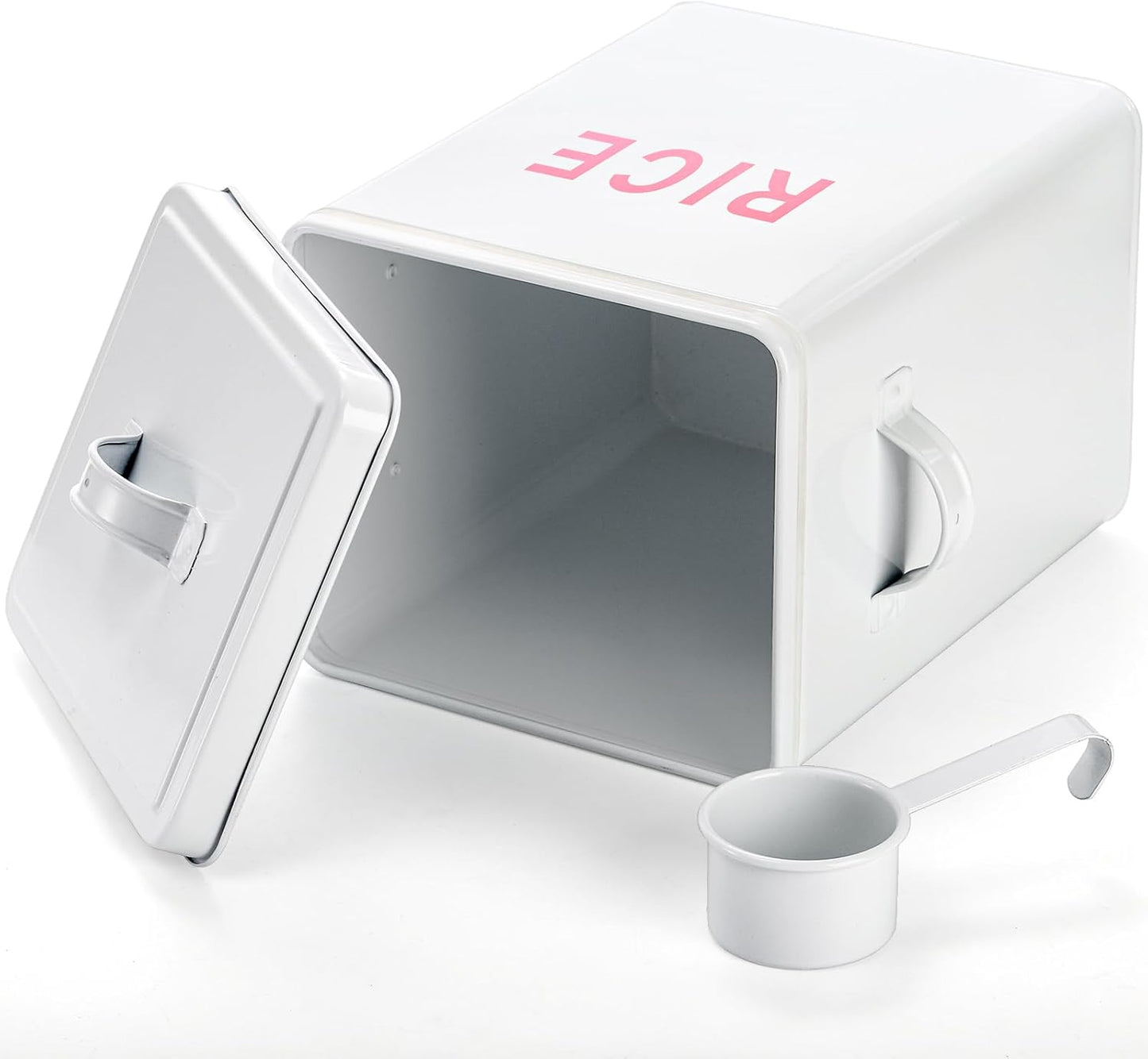 YOUEON 10 Lbs Metal Rice Storage Container, Square Rice Canister with Lid and Measuring Scoop, Countertop Sealed Food Storage Container for Cereal, Beans, Pet Food, White