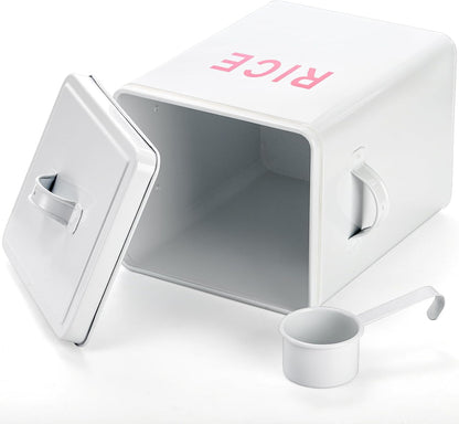 YOUEON 10 Lbs Metal Rice Storage Container, Square Rice Canister with Lid and Measuring Scoop, Countertop Sealed Food Storage Container for Cereal, Beans, Pet Food, White