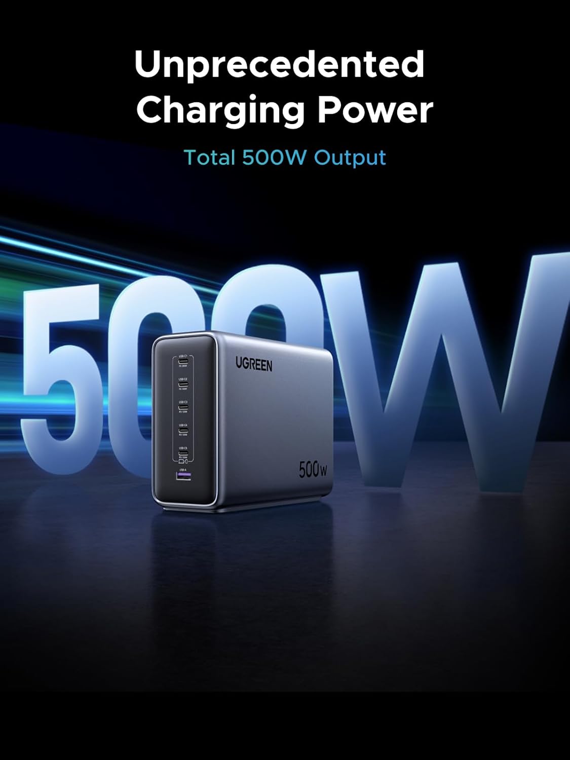 UGREEN Nexode 500W GaN Fast Charging Station 240W Single Port, 6 Ports USB-C and USB-A, Smart Temperature Control, Space-Saving Design, for MacBook, XPS, Laptop, Phone, and More