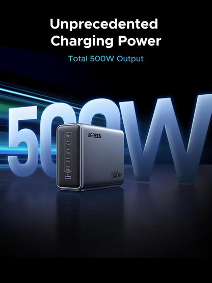 UGREEN Nexode 500W GaN Fast Charging Station 240W Single Port, 6 Ports USB-C and USB-A, Smart Temperature Control, Space-Saving Design, for MacBook, XPS, Laptop, Phone, and More