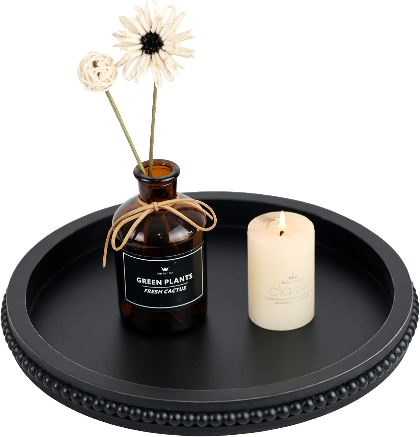 Funly mee 12.6” Round Rustic Wood Serving Tray – Black Decorative Coffee Table, Snack, Fruit & Tea Tray for Home, Kitchen, Party - PuriLite