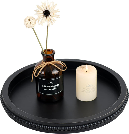 Funly mee 12.6” Round Rustic Wood Serving Tray – Black Decorative Coffee Table, Snack, Fruit & Tea Tray for Home, Kitchen, Party - PuriLite