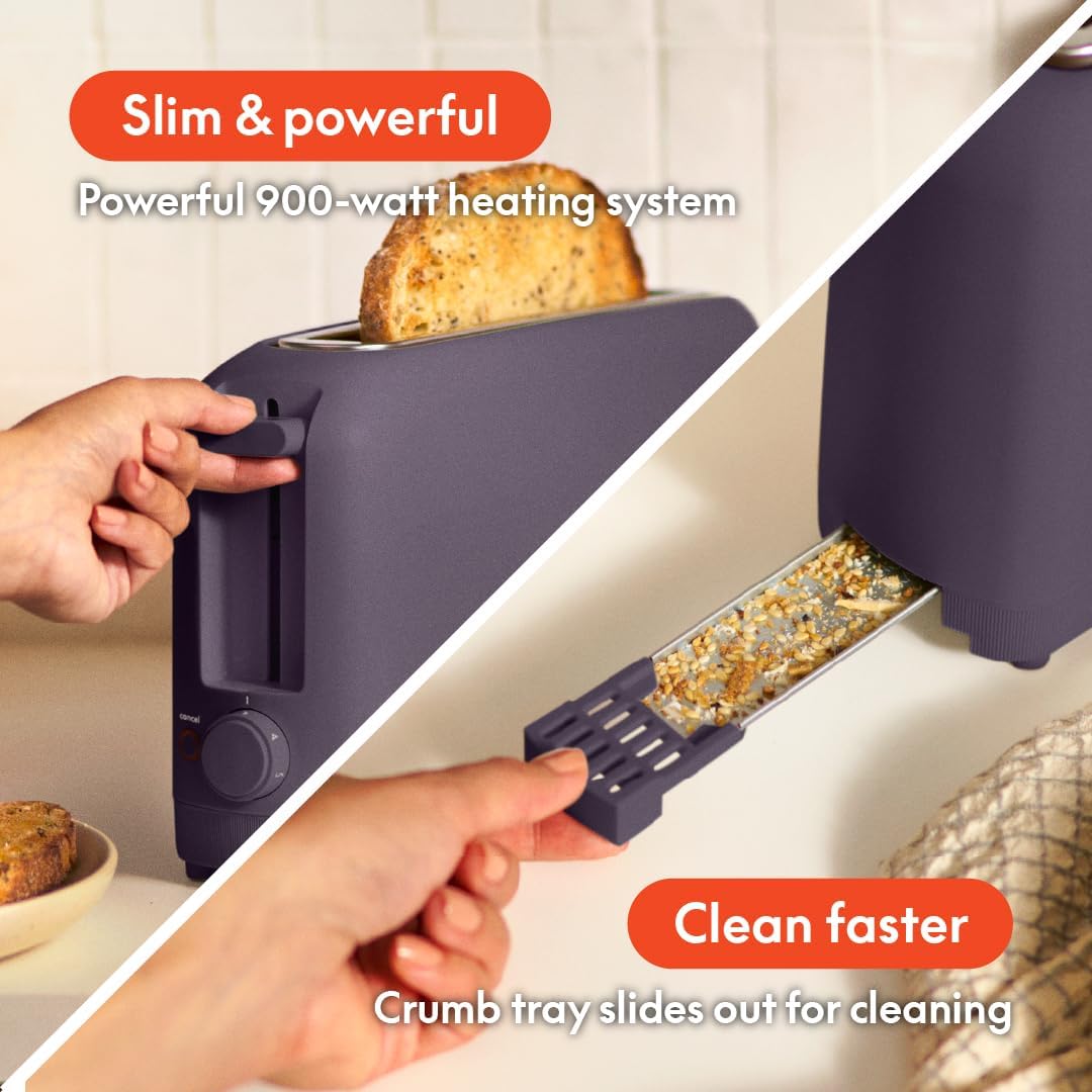 bella 2 Slice Slim Toaster, Fits-anywhere™ Kitchenware, 6 Setting Shade Control with Reheat & Cancel Buttons, Fits sourdough, 10” Long Slot, Anti Jam & Auto Shutoff, 900 Watt, Surf