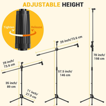 Microphone Stand 2-Pack, Ohuhu Tripod Boom Mic Stands, Dual Mic Clip, Collapsible, Black