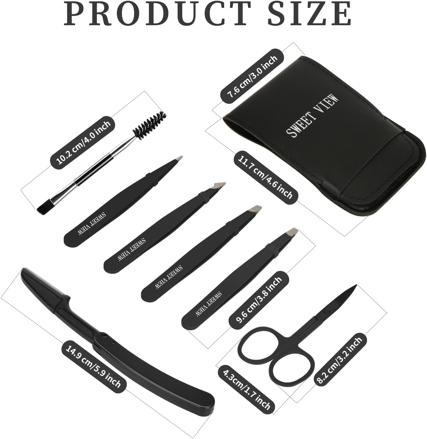 SWEET VIEW 7pcs Eyebrow Tweezers Set, Stainless Steel Tweezers for Women and Man, Precision Plucker Tweezers for Facial Hair, Chin, Eyebrow, Splinter and Ingrown Hair Removal