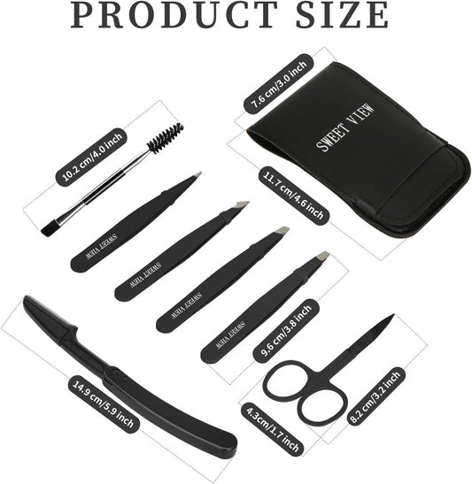 SWEET VIEW 7pcs Eyebrow Tweezers Set, Stainless Steel Tweezers for Women and Man, Precision Plucker Tweezers for Facial Hair, Chin, Eyebrow, Splinter and Ingrown Hair Removal - PuriLite