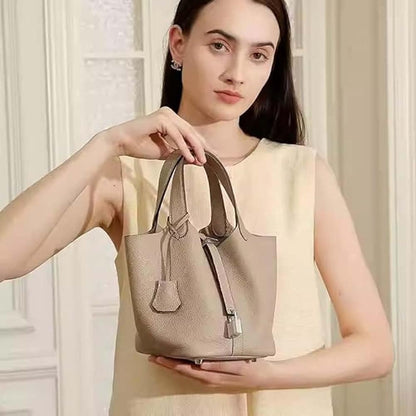 Purilite Select Genuine Leather Bucket Bag | Lock Design Satchel | Fashionable Handbag | Versatile Shoulder & Crossbody Bag