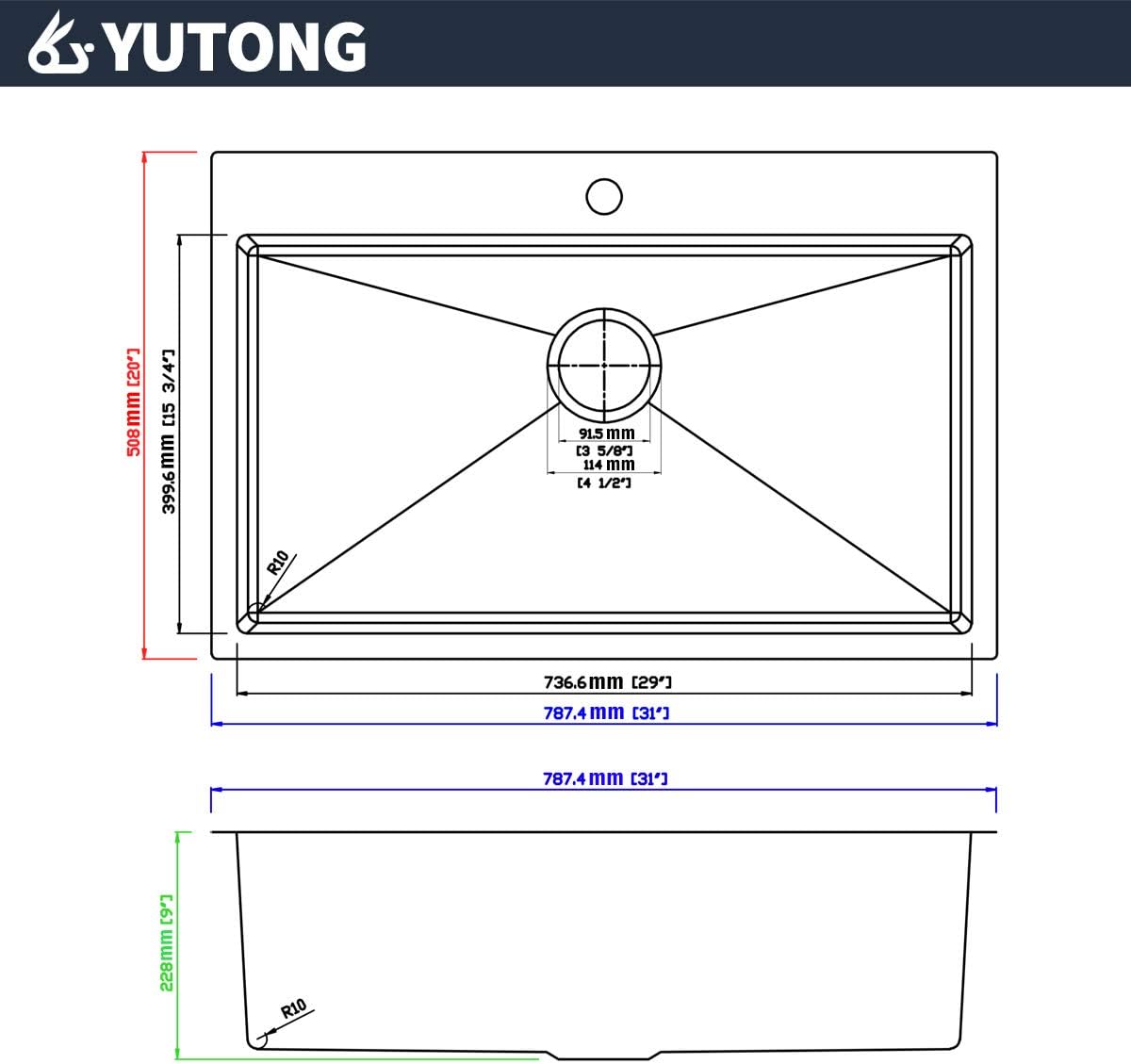 Yutong 16" x 20" Top-Mount/Drop in SS304 Stainless Steel Kitchen Black Sink Single Bowl Without Grid
