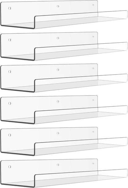 upsimples Clear Acrylic Shelves for Storage, 15" Floating Shelves Wall Mounted for Kids Bookshelf/Display Ledge for Bedroom, Living Room, Bathroom, Kitchen, Set of 4