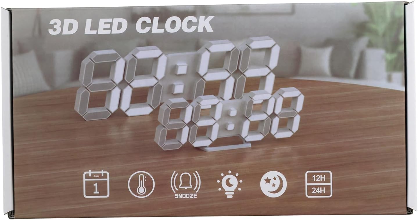Deeyaple 3D LED Digital Wall Clock Modern Alarm Clock Adjust Brightness 12/24 Time Date Temperature Silent Snooze USB Night Light Remote Control Kitchen Bedroom Living Room Small 9.7 inch White