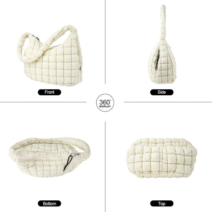 Quilted Puffer Tote Bag Large Crossbody Shoulder Bag with Zipper, Nylon Hobo Oversized Handbag