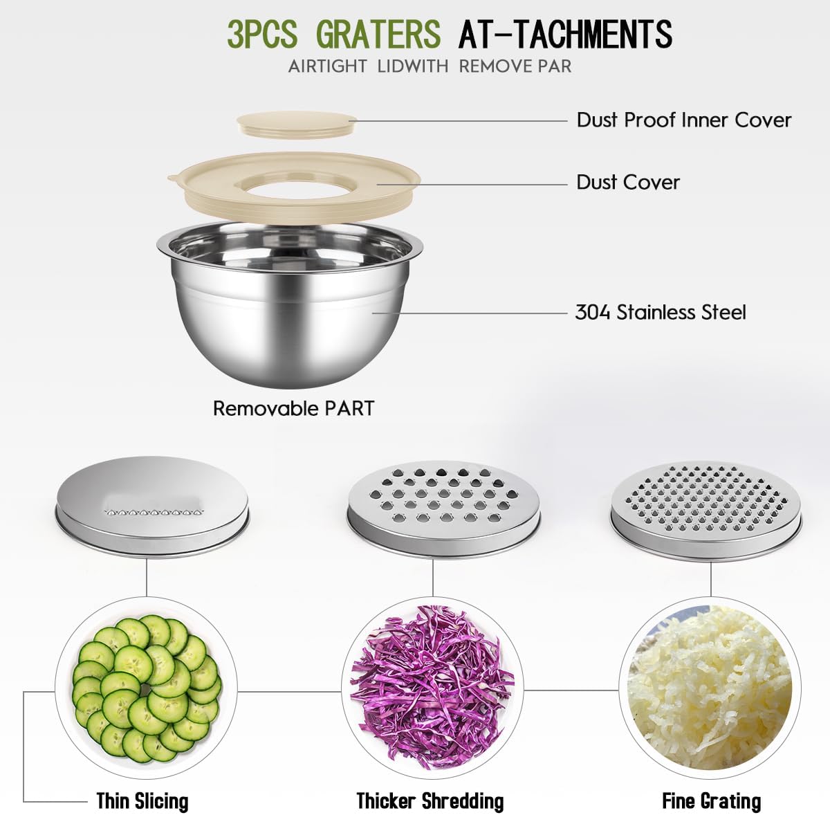 JUJOJB Mixing Bowls With Lids Set,Stainless Steel Mixing Bowls Set With 3 Grater,Metal Nesting Bowls For Kitchen Baking Refrigerator Meal Prep Food Storage Organizer,7 Size(Khaki)