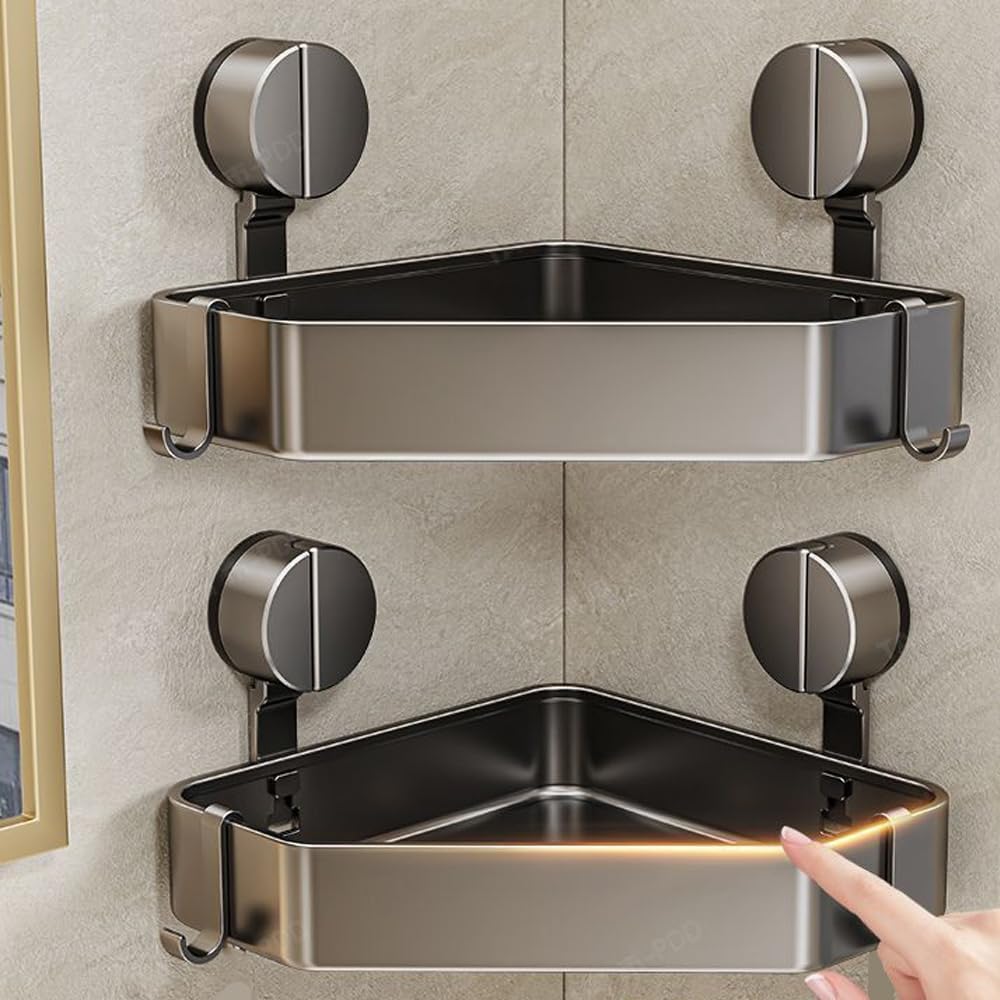 2Pcs Corner Shower Caddy No Drill Rustproof Aluminum Space-Saving Strong Suction Cup Diamond Design Bathroom Shelf Organizer, with 4 Hooks Bathroom Shampoo Holder
