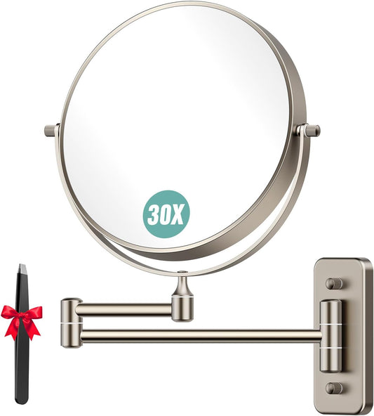 Auxmir Miroir de maquillage mural 30X/1X, miroir grossissant double face de 20,3 cm avec pince à épiler, miroir de maquillage de salle de bain, miroir cosmétique avec bras extensible pivotant à 360°, nickel