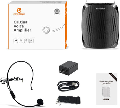 ZOWEETEK Portable Rechargeable Mini Voice Amplifier with Wired Microphone Headset and Waistband, Supports MP3 Format Audio for Teachers, Singing, Coaches, Training, Presentation, Tour Guide