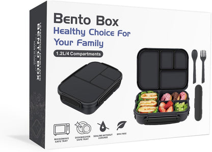 Amathley Lunch Box Kids,Bento Box Adult Lunch Box,Leakproof Lunch Containers for Adults/Kids/Toddler,1200ML-4 Compartments bento Lunch box with Utensil,Microwave & Dishwasher Safe(Dark Gray)