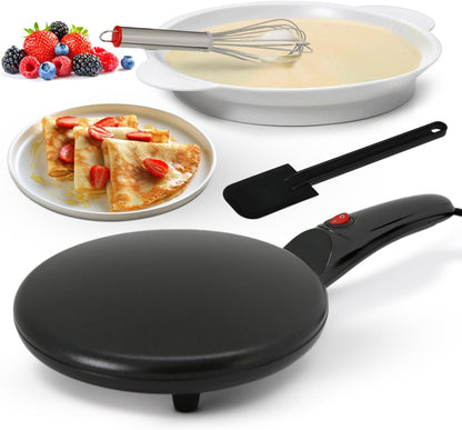 NutriChef Electric Crepe Maker, Cooks Roti, Tortillas, Pancakes, Nonstick Cooktop, 8-inch Cook Area On/Off Switch, Automatic Temperature Control & Cool Touch Handle, Includes Food Bowl, Whisk, Spatula
