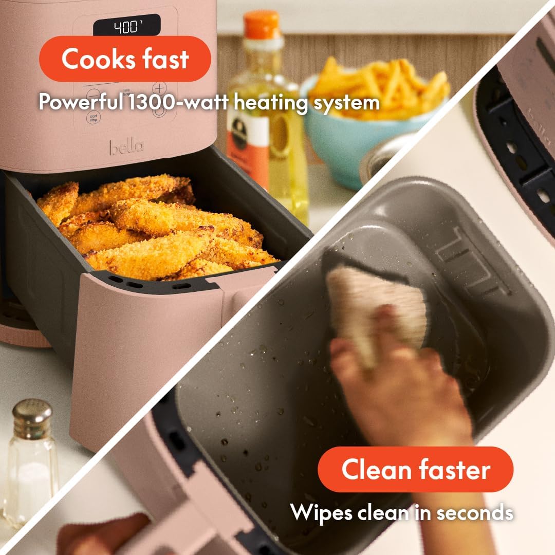 bella 4Qt Slim Air Fryer, Fits-anywhere Kitchenware, EverGood Ceramic Nonstick Coating, Adjustable Temperature, 6 Preset Cooking Options, 60 Min Auto Shutoff w Audible Tone, 3.3lb Capacity, Surf