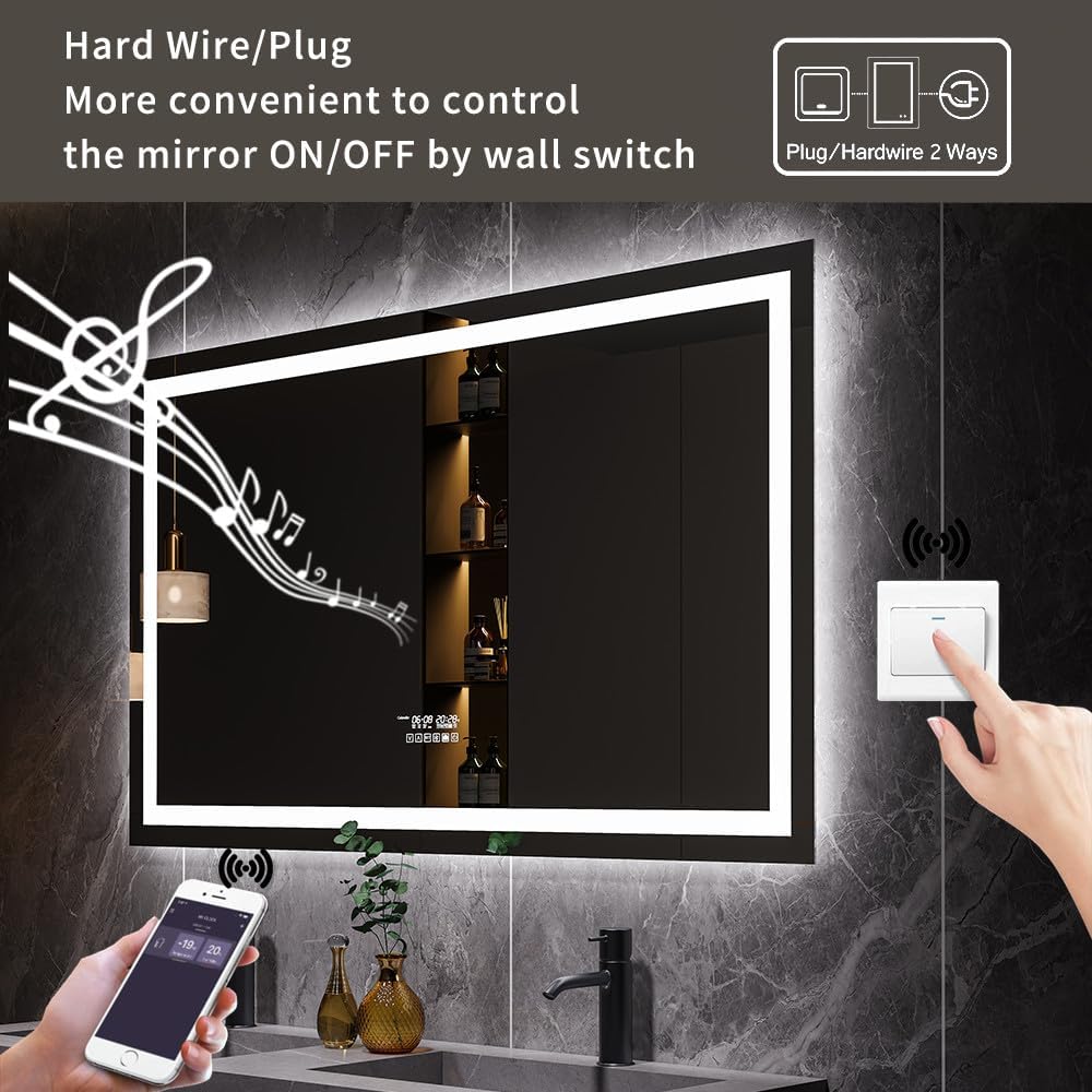 Gesipor 40"x32" Bathroom LED Mirror with Wireless Speaker Wall Switch - Lighted Vanity Mirrors for Bathroom Wall Mounted Backlit, Dimmable Light 3000K/6000K Anti-Fog Makeup Smart Mirror (Horizontal)