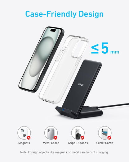 Anker 313 Wireless Charger (Stand), Qi-Certified for iPhone 14/14 Pro/14 Pro Max/13/13 Pro Max, 10W Fast-Charging Galaxy S20, S10 (No AC Adapter)