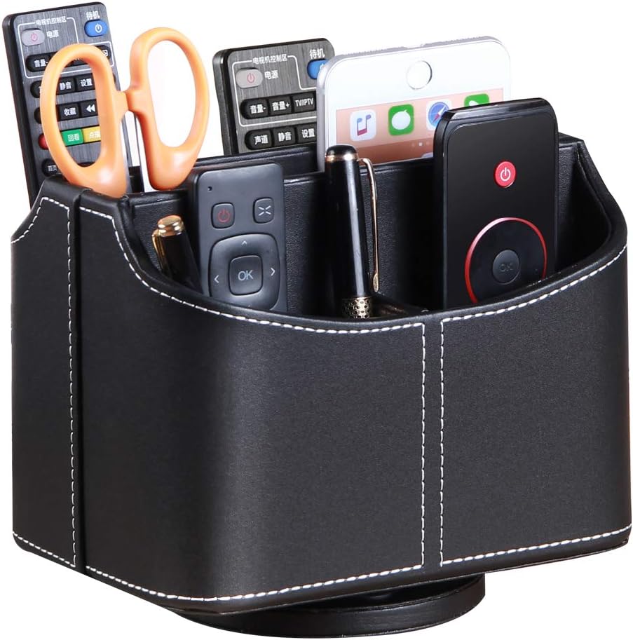 PUSU 360° Rotating Remote Control Holder Desk Organizer – PU Leather Spinning TV Caddy with 5 Compartments for Remotes, Stationery, Phone, iPad & Bedside Storage - PuriLite