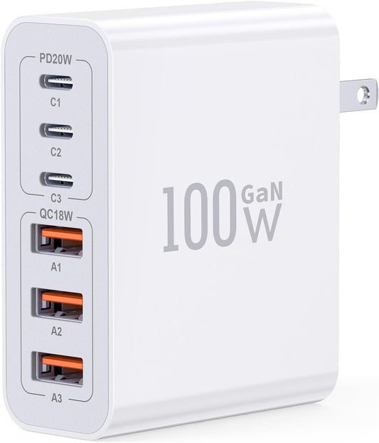 USB C Wall Charger, 100W 6-Port PD Fast USB C Charging Block,3USB C+3USB A Charging Station Hub Block Power Strip Type C Cube Brick for iPhone 16/15/14/13/12/11/Pro Max Samsung Tablet