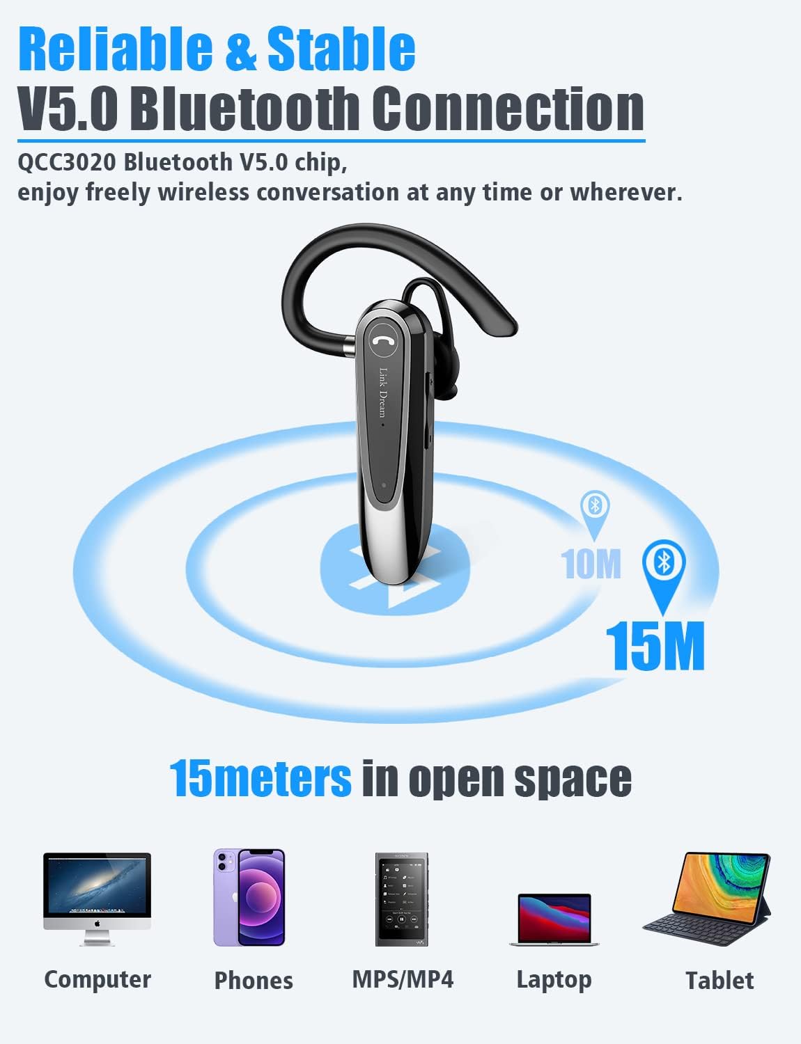 Bluetooth Earpiece Link Dream Wireless CVC8.0 Headset for Cell Phone Dual Mic Noise Canceling Handsfree Phone Earpiece w/Mute 20Hrs Talk Time 180 Days Standby for iPhone Android Home Office Driving