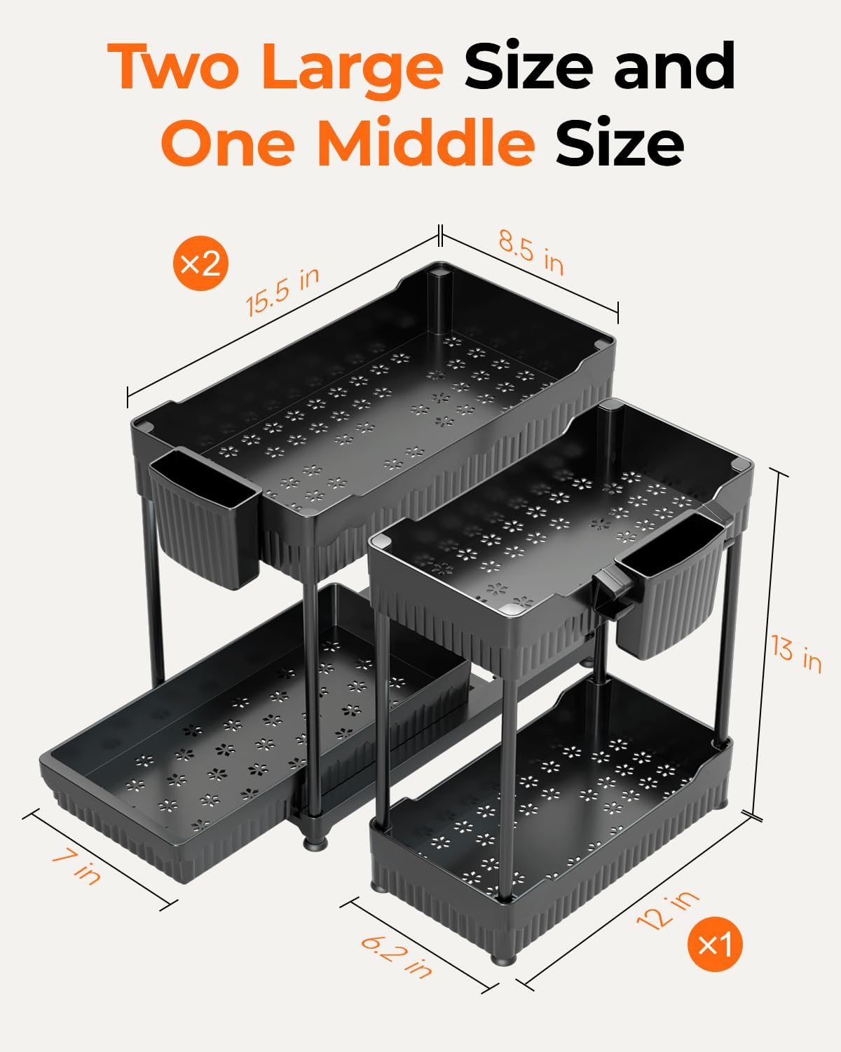Sevenblue Under Sink Organizer 3 Pack, Bathroom Organizers, 2 Tier Multi-Use kitchen Organizers and Storage with Sliding Drawer, Hang Hooks and Cups, (Black)