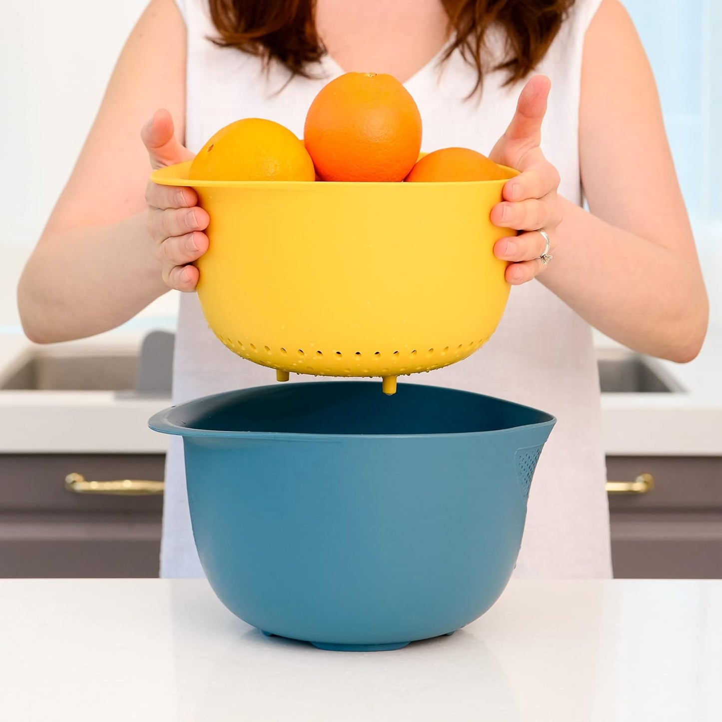 Blue Ginkgo Rice Washing Bowl and Colander Kitchen Set - Strain Rice, Quinoa and Small Grains - Soak, Wash and Drain Produce (4 Quart) - Cream and Limestone