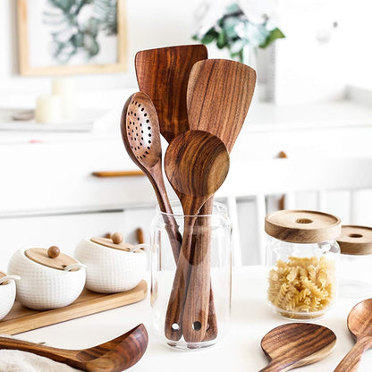Wooden Cooking Utensils Set | Natural Teak Kitchen Spoons | Heat Resistant Wooden Spatula | Non Stick Cookware Tools | Eco Friendly Kitchen Utensils - PuriLite